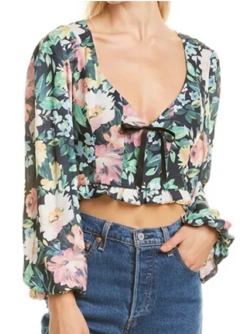 For Love and Lemons Viola Floral Tie-Front Crop Top - Black Multi